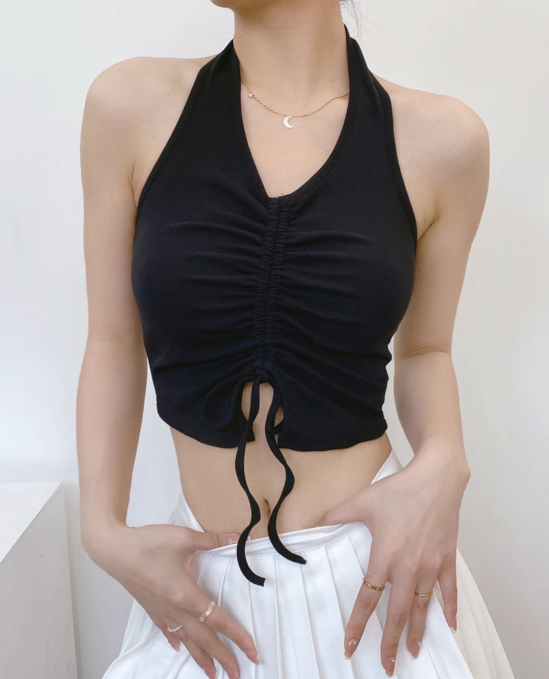 Sexy Wrap Chest Sling Top Lace Up Drawstring Backless High Waist Solid Color Wholesale Crop Tops