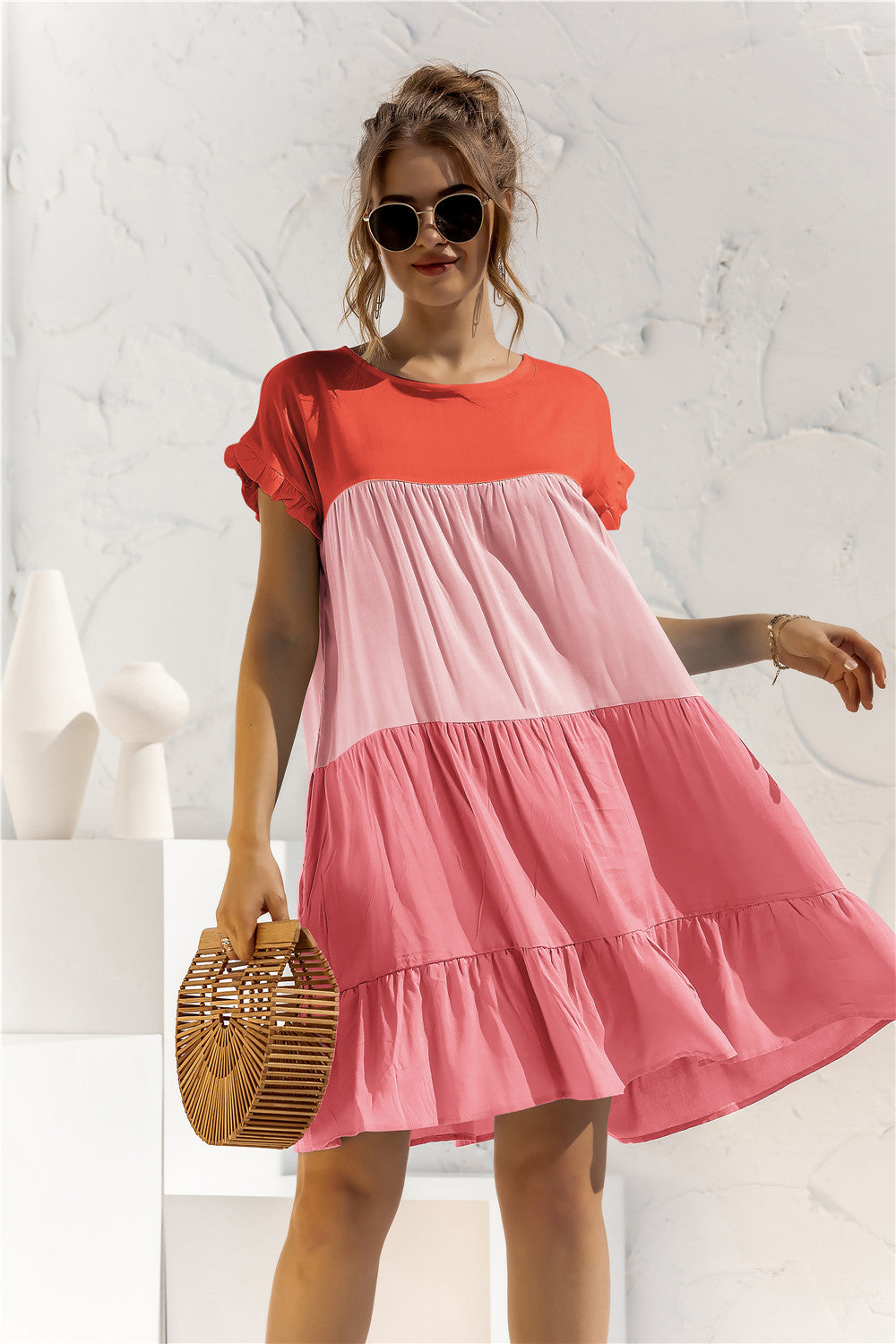 Round Neck Colorblock Ruffles Short Sleeve Loose Smocked Dresses Casual T Shirt Dress Wholesale