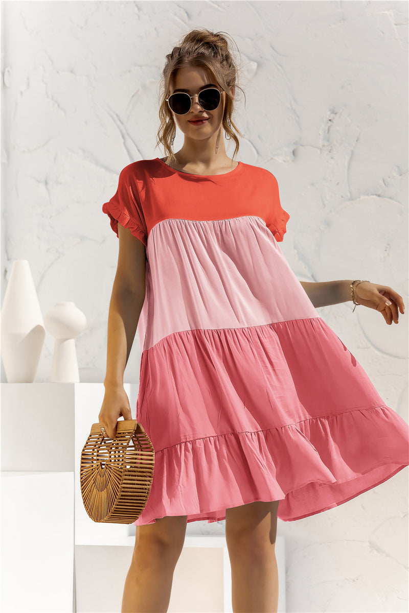Round Neck Colorblock Ruffles Short Sleeve Loose Smocked Dresses Casual T Shirt Dress Wholesale