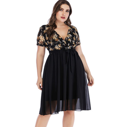 Chiffon Sexy Deep V Print A-Line Dress Lace-Up Short Sleeve Dresses Wholesale Plus Size Clothing