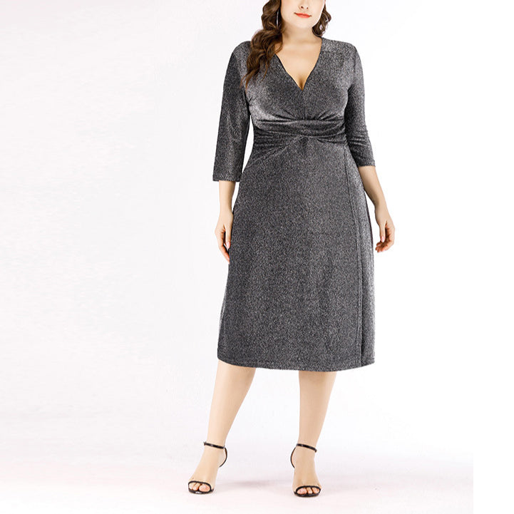 V-Neck High Waist Mid-Sleeve Curvy Dresses Wholesale Plus Size Clothing