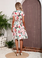 Rose Print Short Sleeve V Neck Casual Lace-Up Romantic Midi Shirtdress Wholesale Shirt Dresses