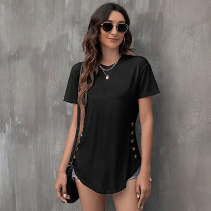 Button Round Neck Irregular Casual Loose Short-Sleeved T-Shirt Wholesale Women Top