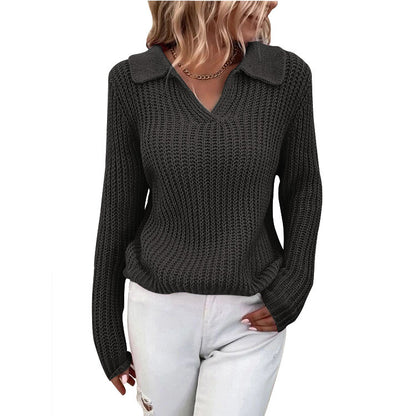 Lapel Solid Color Slim Fit Knit Crew Neck Sweater Wholesale Womens Tops