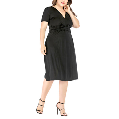 Short Sleeve V-Neck Slit Midi Curvy Dresses Wholesale Plus Size Clothing