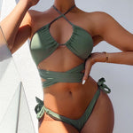 Solid Color Tie-Up Halterneck Split Swimsuits Womens 2pcs Sets Mini Bikini Sexy Swimwear Wholesale Vendors