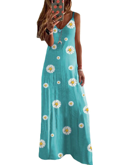 Daisy Print Spaghetti Strap Sleeveless Wholesale Maxi Dresses for Summer