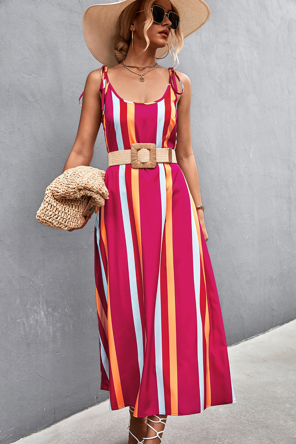 Low Cut Contrast Striped Print Sexy Backless Beach Sling A-Line Dress Holiday Wholesale Dresses