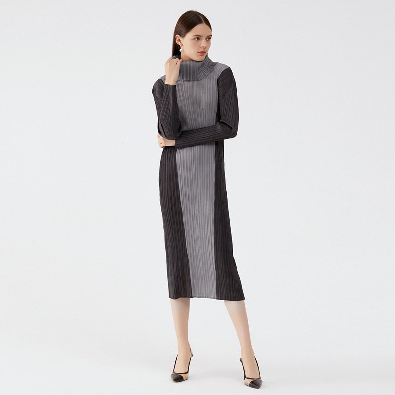 Turtleneck Colorblock Slim Long Sleeve Stylish Midi Dress