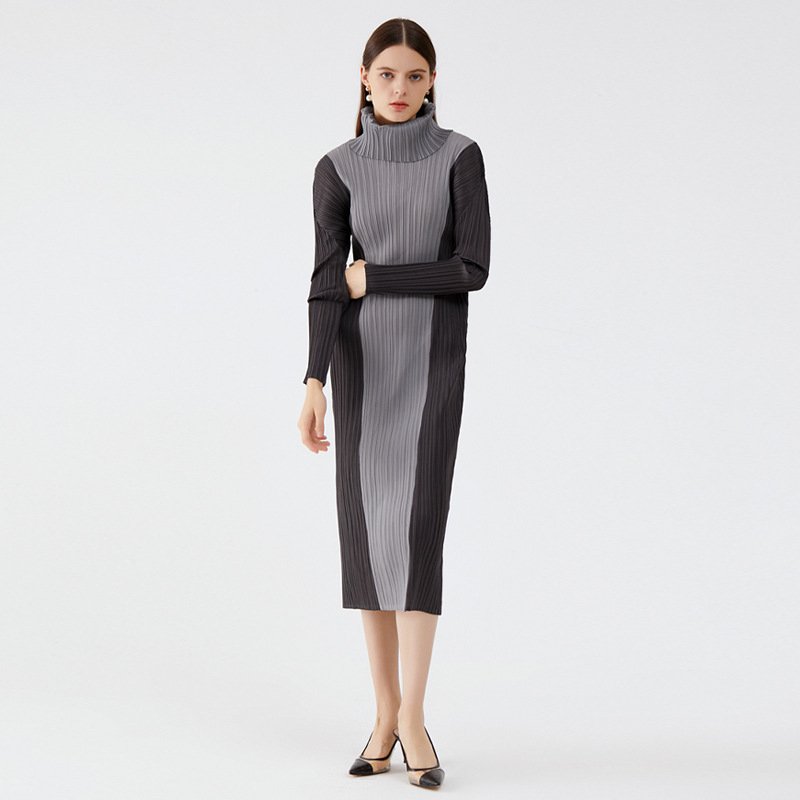 Turtleneck Colorblock Slim Long Sleeve Stylish Midi Dress