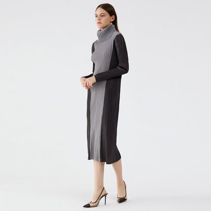 Turtleneck Colorblock Slim Long Sleeve Stylish Midi Dress