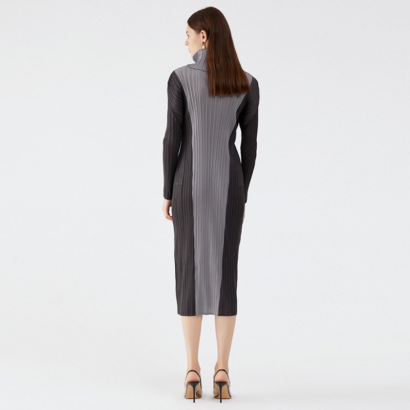 Turtleneck Colorblock Slim Long Sleeve Stylish Midi Dress