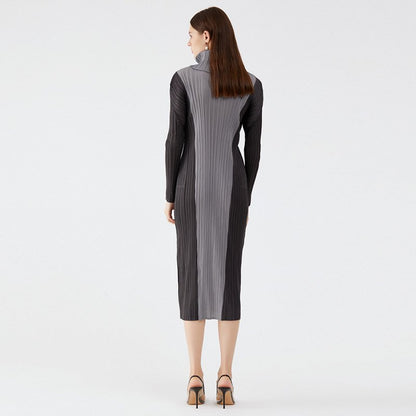 Turtleneck Colorblock Slim Long Sleeve Stylish Midi Dress