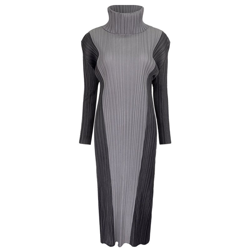 Turtleneck Colorblock Slim Long Sleeve Stylish Midi Dress