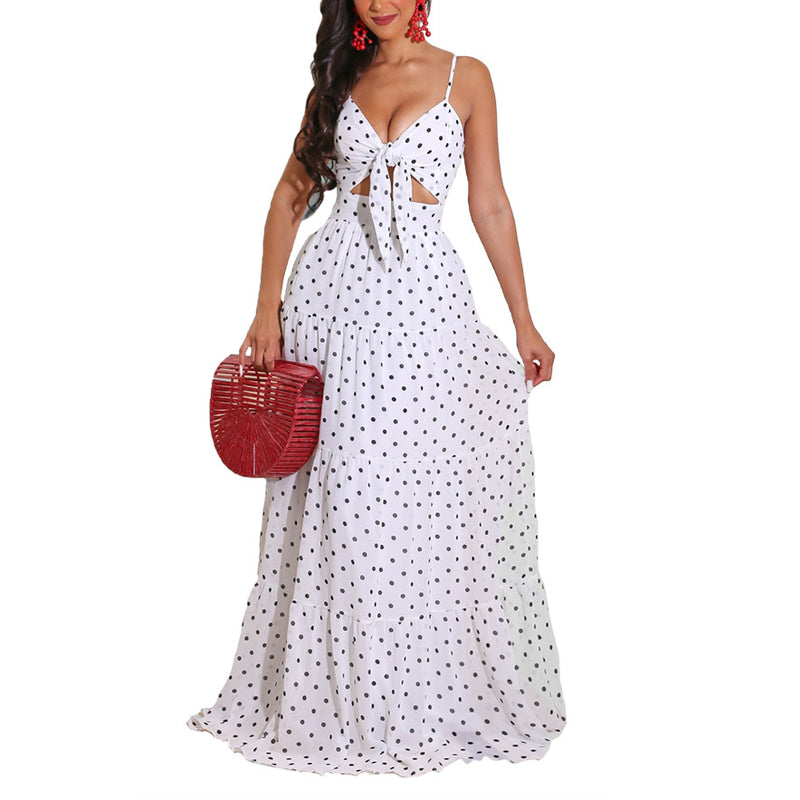 Polka Dot Print Bowknot Sundresses Sling Cutout Smocked Dress Sexy Wholesale Maxi Dresses