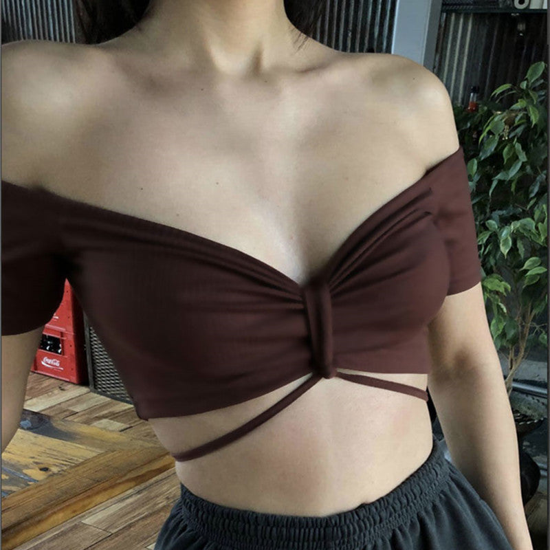 Sexy Lace-Up Halter Wrap Chest Top Off Shoulder Solid Color Short Sleeves Wholesale Crop Tops