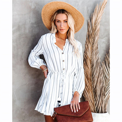 Long Sleeve V Neck Lace-Up Striped Dress Wholesale Dresses