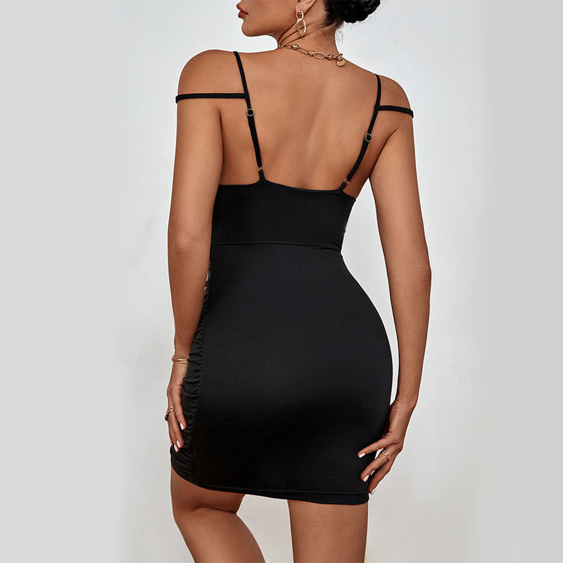 Sexy Suspender Dress Solid Color Pleated Cutout Bodycon Backless Wholesale Dresses