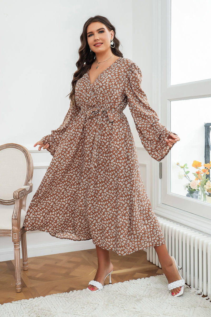 Floral Print Long Sleeve V Neck Tie Waist Wholesale Plus Size Dresses