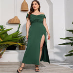 Solid Color Off Shoulder Slim Fit High Waist Slit Elegant Evening Curve Maxi Dresses Wholesale Plus Size Clothing