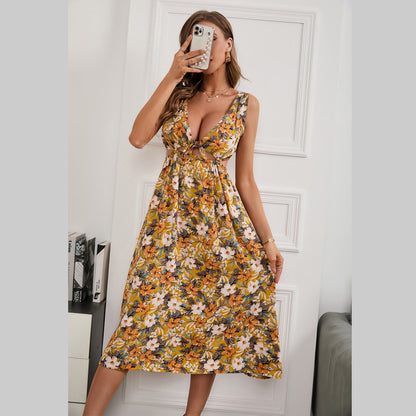 Sleeveless Deep V Neck Hollow Out Wholesale Floral Dresses Summer