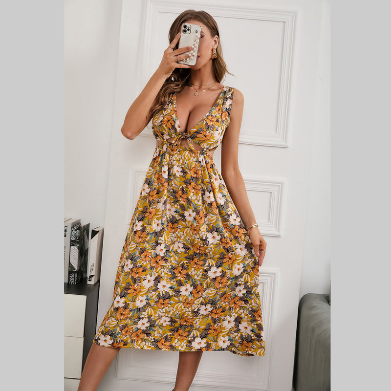 Sleeveless Deep V Neck Hollow Out Wholesale Floral Dresses Summer
