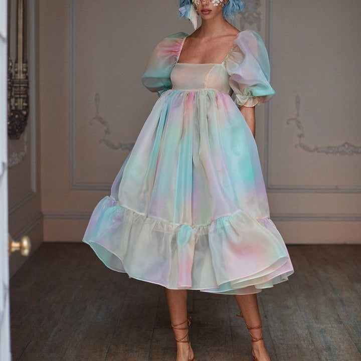 Gorgeous Tie-Dye Puff Sleeve Midi Princess Dress Puffy Skirt Organza Wholesale Dresses Vintage