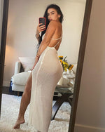White Plunge Neck Lace-Up Open-Back Sheer Crochet Beachwear Cover-Up Sling Dress Sexy Maxi Dress Wholesale Jersey Dresses