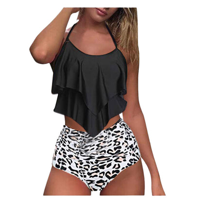 Leopard Print Women'S Swimsuit With Chest Pads Ruffles Fashion Tankini Swimwear Wholesale Vendors