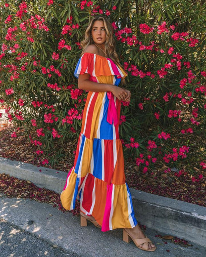 Off Shoulder Color Block Ruffle Hem Wholesale Maxi Dresses