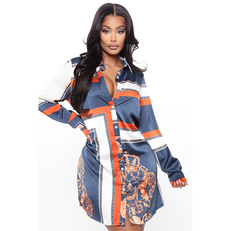 Casual Print V-Neck Long Sleeve Single-Breasted Mini Shirt Dress Wholesale Dresses