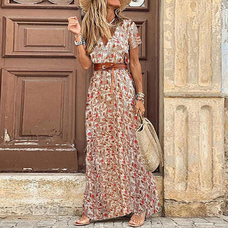 Fashion V-Neck Print Short Sleeve Vacation Slit Maxi Dresses Wholesale Bohemian Dress For Women With Belt