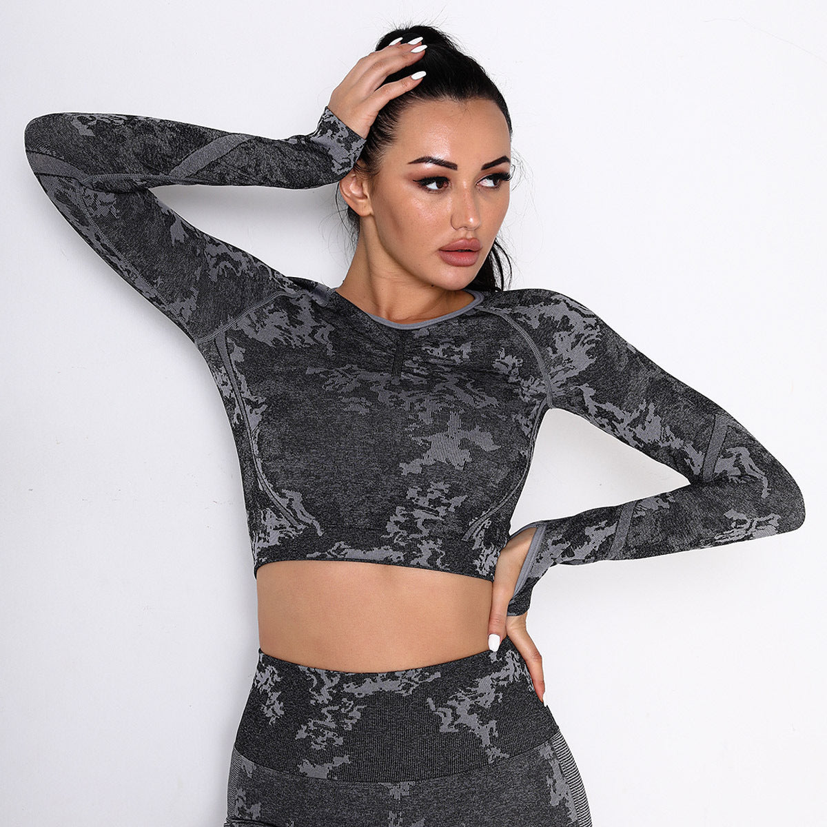 Seamless Long-Sleeve Camo Tight Yoga Women'S Fitness Short Shirt Wholesale Activewear Tops