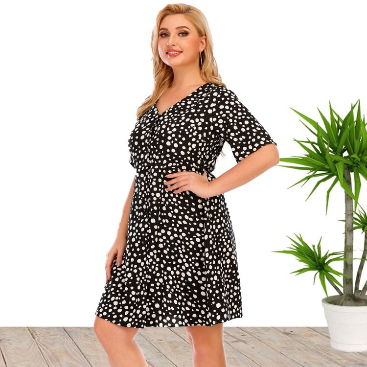 Dot Printed V Neck Casual Midi Curve Dresses Single-Breasted Wholesale Plus Size Clothing