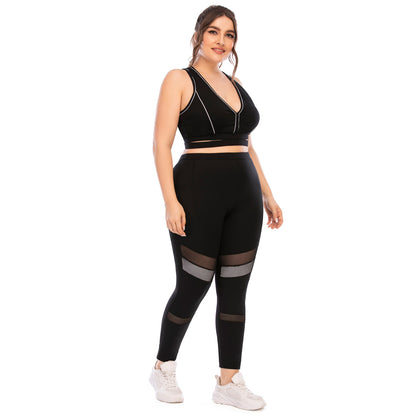 Sport Bra & Mesh Leggings Solid Color Curve Fitness Yoga Suits Plus Size Two Piece Sets Wholesale Activewears