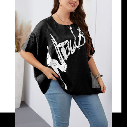 Temperament Round Neck Printed T-Shirts Curvy Tops Wholesale Plus Size Clothing