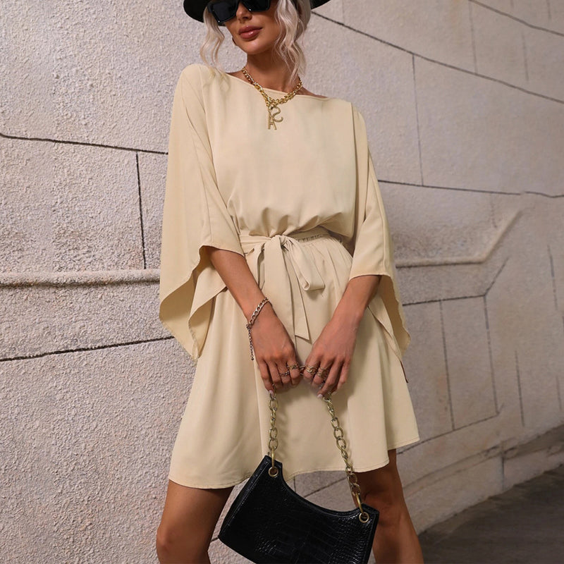 Round Neck Solid Color Tie-Up Waist Long Sleeve Casual Dress Wholesale Dresses SDN538014