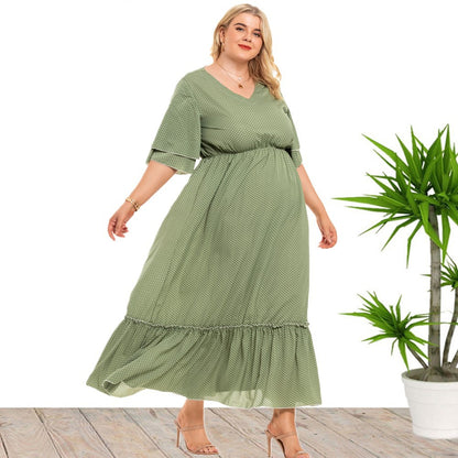 Polka Dot Print V Neck Lotus Leaf Sleeve Curve Maxi Dresses Casual Ruffles Dress Wholesale Plus Size Clothing