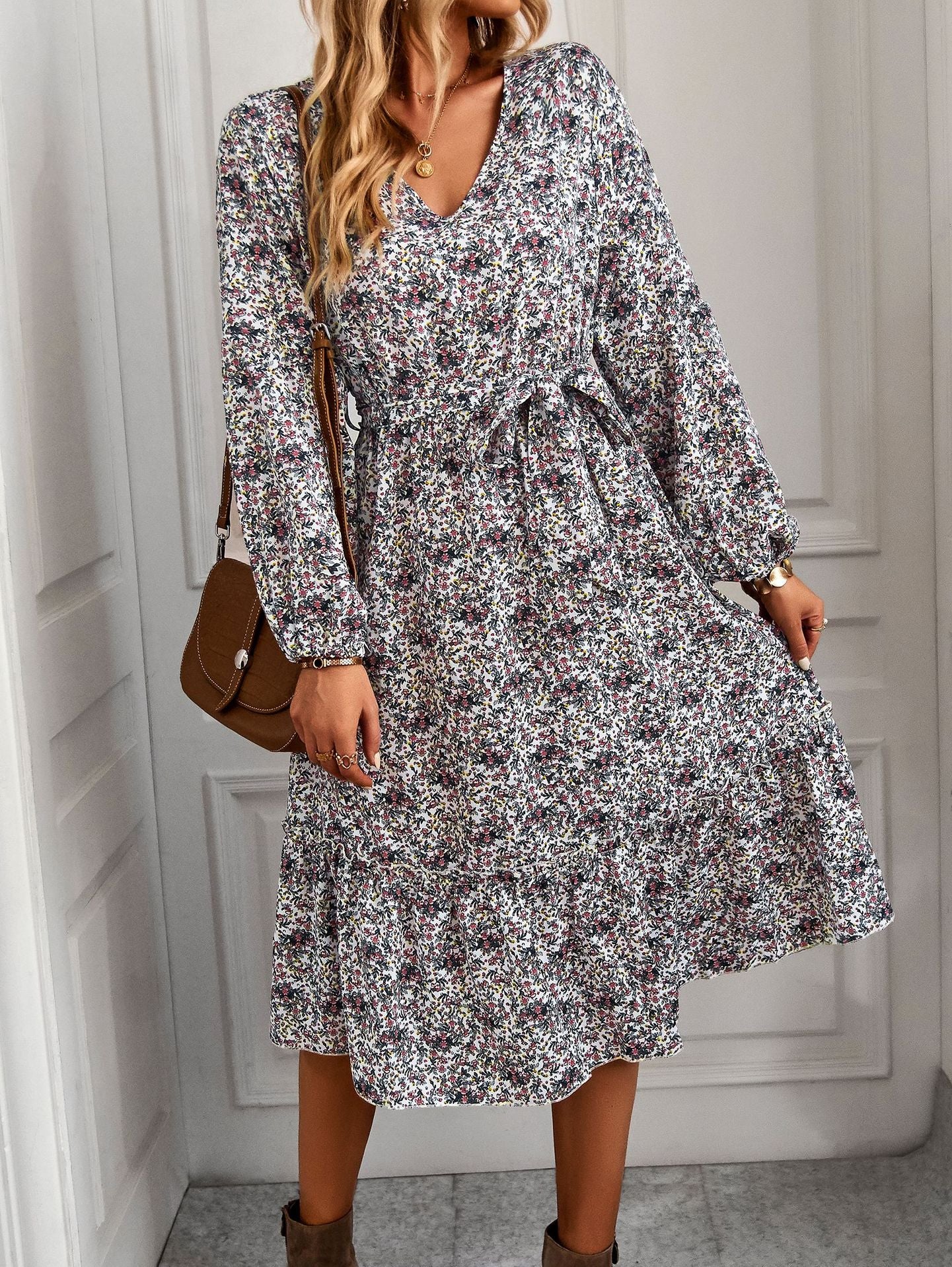 Printed V Neck Long Sleeve Tie-Up Waist Swing Dress Wholesale Dresses