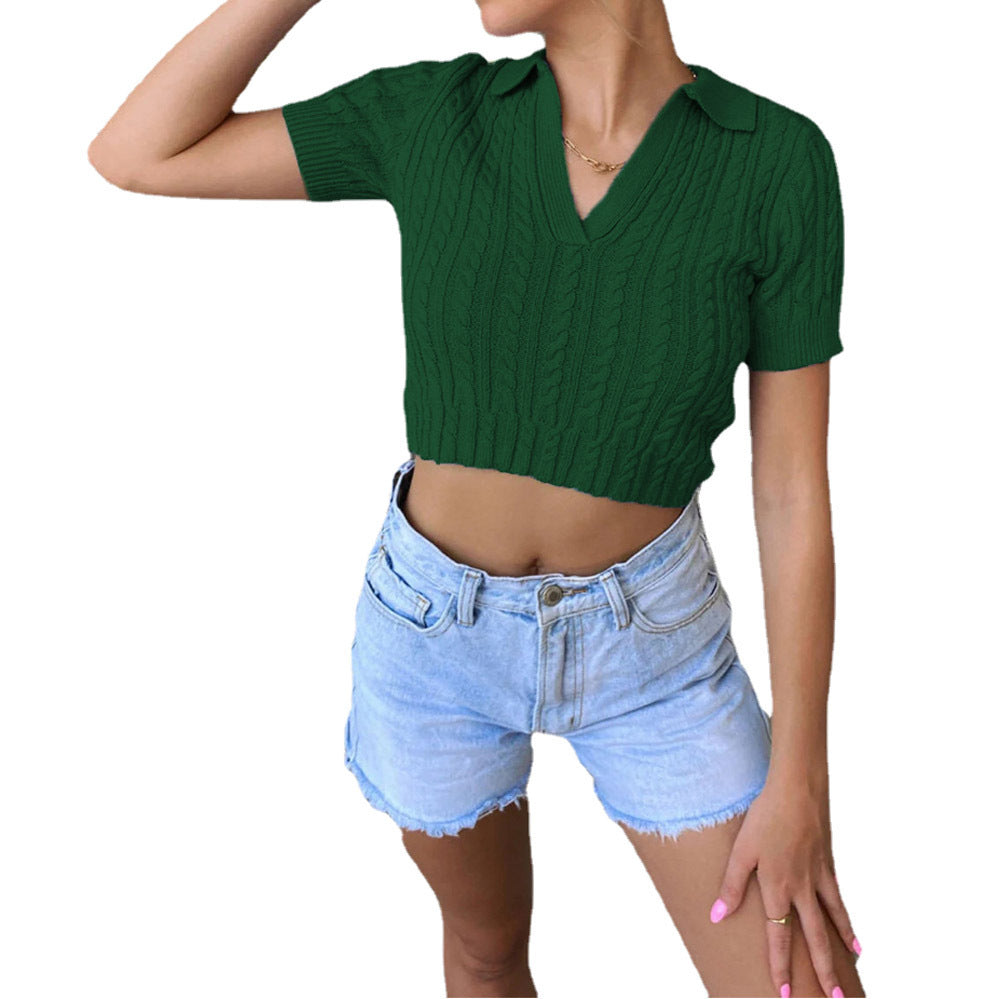 Casual V Neck Solid Color Short Sleeve Slim Short Wholesale Sweater