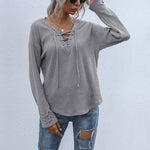 Tie-Up V-Neck Pullover Casual Knitted T-Shirt Wholesale Womens Tops