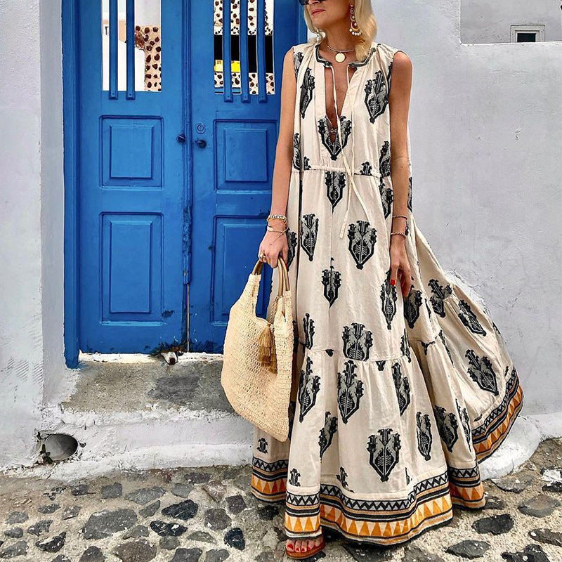 Casual Sleeveless Low Cut Tie Bohemian Print Maxi Dress Wholesale Dresses