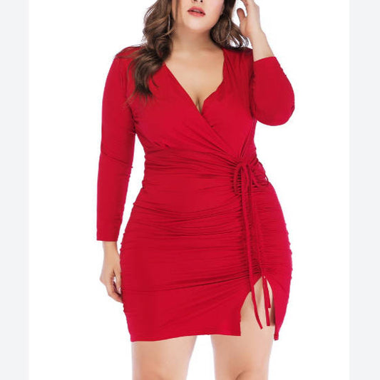 Long Sleeve Drawstring Slit Curvy Dresses Wholesale Plus Size Clothing