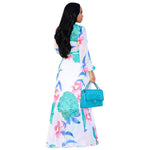 Floral Printed V Neck Chiffon Lantern Sleeve Lace-Up Swing Dress Vacation Casual Wholesale Maxi Dresses SD55498