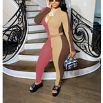 Colorblock Slim-Fit Long-Sleeve Tops & Trousers Wholesale Women'S 2 Piece Sets