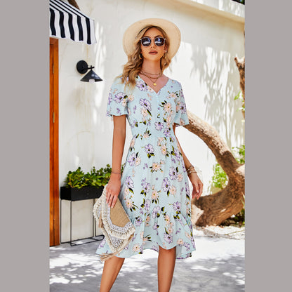 Floral Printed Short Sleeve Ruffle V Neck Wholesale Dresses Elastic Waist Vacation Dress Casual