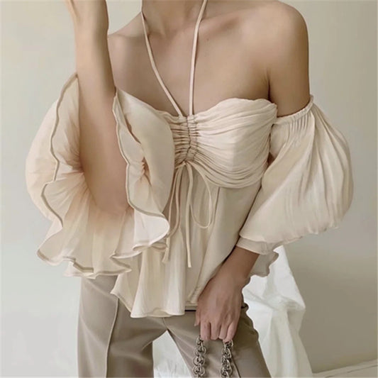 Lantern Sleeve Off Shoulder Halterneck Drawstring Ruched Wholesale Blouses For Women Summer