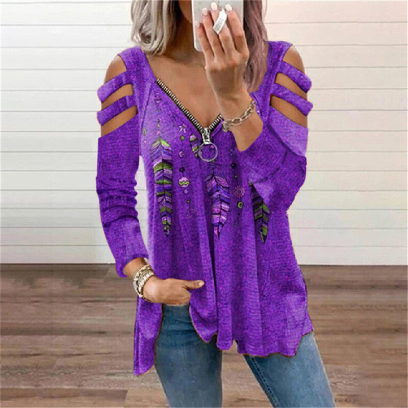 Sexy V Neck Off Shoulder Print Tops Zip Long Sleeve Loose Womens T Shirts Wholesale