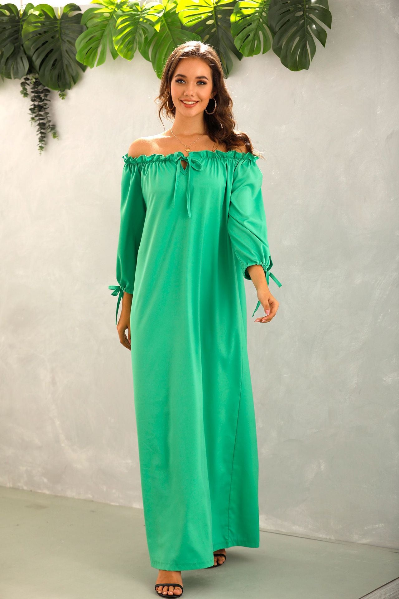 Off Shoulder Solid Color Lantern Sleeve Ruffles Loose Dress Casual Wholesale Maxi Dresses