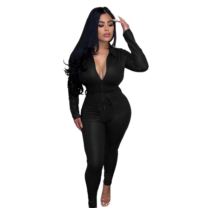 Sexy PU Leather Long-Sleeve Bodycon Women Jump Suit Wholesale Jumpsuits